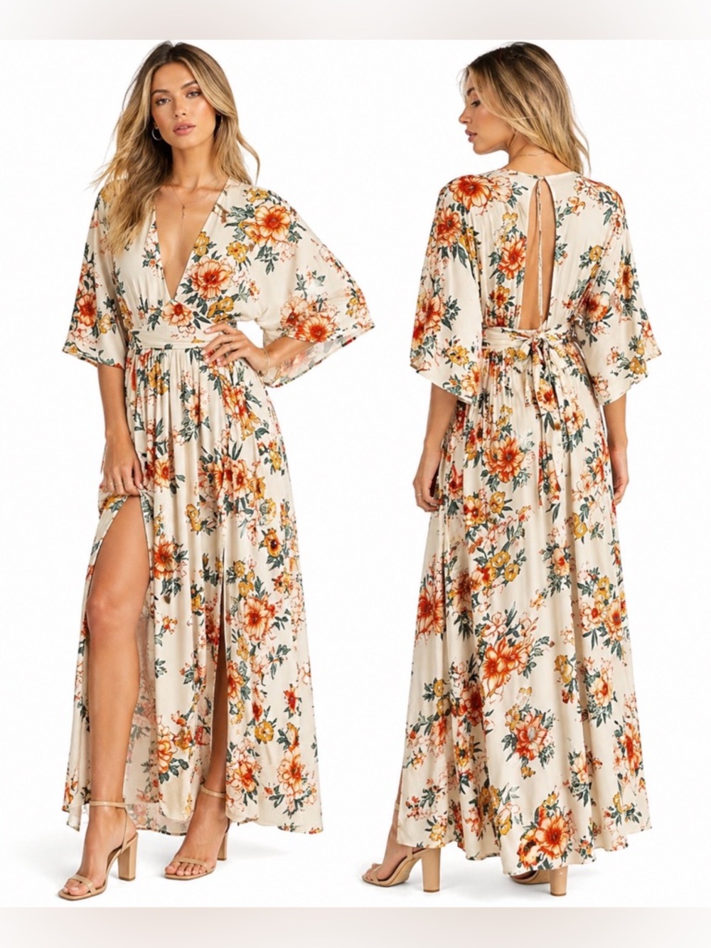 FLORAL DEEP V/KEYHOLE BACK MAXI DRESS